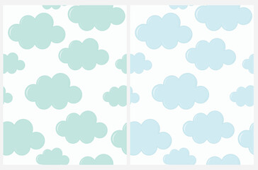 Baby Shower Vector Seamless Patterns with Pastel Blue and Light Mint Clouds on a White Background. Fluffy Clouds on a Sky. Sweet Nursery Print ideal for Fabric, Textile, Wrapping Paper. 