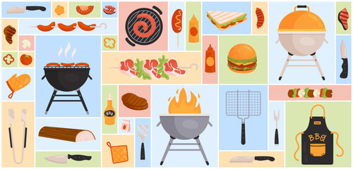 Cartoon meat and vegetables barbecue food with sauces, fork knife and skewer tools and grill equipment in square collage background. Picnic, summer party meals concept. BBQ set vector illustration.