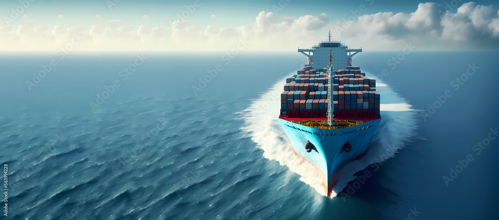 Wall mural cargo maritime ship with container in water ocean, aerial top view. concept banner export, import lo