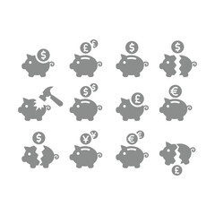 Broken piggy bank with hammer vector icon set. Inflation and money with dollar, yuan, pound and euro.