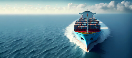 Cargo maritime ship with container in water ocean, Aerial top view. Concept banner export, import logistic shipping. Generation AI