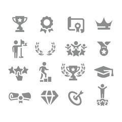 Award and achievement vector icon set. Cup, ribbon badge and laurel fill icons.