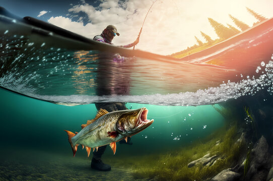 Fishing sport. Fisherman and fish trout with sunlight, underwater view. Generation AI