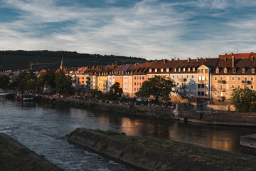 river bank at historic german town at sunset