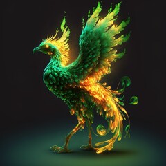 Fantasy background with enchanted green Phoenix bird. fantastic magical illustration ,made with Generative AI