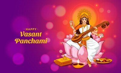 Happy Vasant Panchami indian festival celebration, Beautiful illustration of Goddess saraswati.