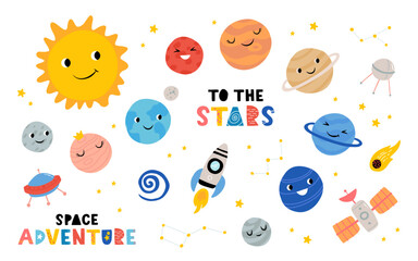 Cute planets of Solar system with happy faces. Funny celestial objects in outer space, rocket, ufo, satellite. Astronomy for children. Childish flat cartoon vector seamless pattern.