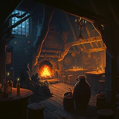 Warm lit friendly medieval fantasy tavern inn, lanterns, concept art interior, adventuring dungeons and dragons ,made with Generative AI - obrazy, fototapety, plakaty