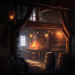 Warm lit friendly medieval fantasy tavern inn, lanterns, concept art interior, adventuring dungeons and dragons ,made with Generative AI - obrazy, fototapety, plakaty