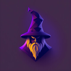 purple magician avatar logo on purple background with big wizard hat and long bushy beard in minimalistic style - obrazy, fototapety, plakaty