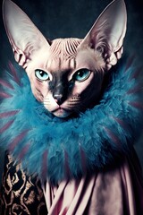High fashion sphinx cat wearing fur ,made with Generative AI