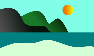 Illustration of a sea landscape in a flat style with mountains and sun