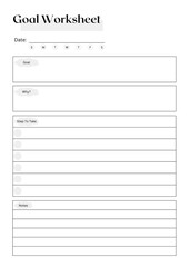 Goal Worksheet planner sheet, Minimal and clean printable planner template, Daily weekly monthly goals planner journal sheet