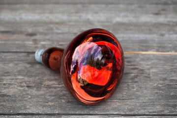 A red large lamp that radiates heat for animals and birds. Wooden background, close-up