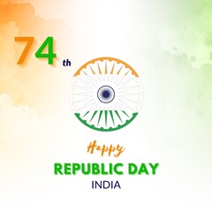 74 th Happy India Republic Day, Typography Design and Indian People Celebrating Republic Day