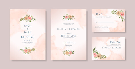 Fototapeta na wymiar Beautiful wedding invitation template with leaves watercolor