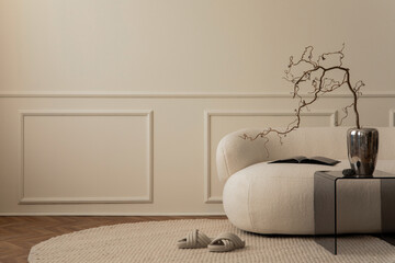 Creative composition of living room interior with copy space, white sofa, chrom vase with branch,...