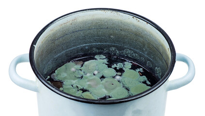 Spoiled compote with mold in blue pot isolated on a white background