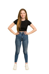 Obraz premium Young redhead woman with freckles standing full body cut out isolated