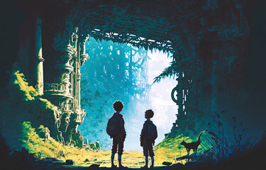 Two Boys Exploring An Ancient Ruin. Generative AI Illustration