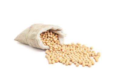 Soybeans in a sack bag isolated on white background
