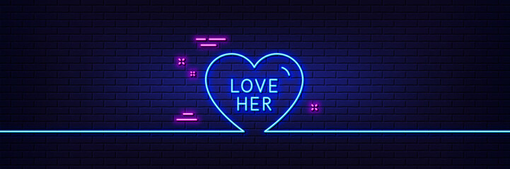Neon light glow effect. Love her line icon. Sweet heart sign. Valentine day symbol. 3d line neon glow icon. Brick wall banner. Love her outline. Vector
