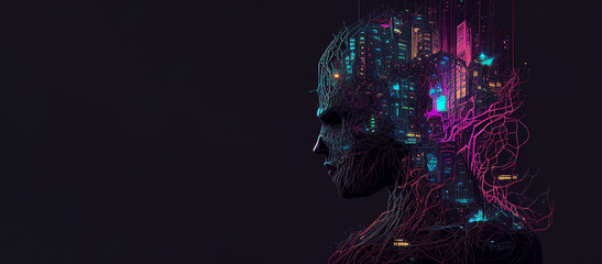 Plugging into the City - Artificial Intelligence Connecting People to Networks - Man in Profile with Abstract Brain City Cascading down the Back of His Head - Generative AI