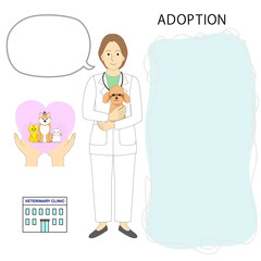 Female doctor, veterinarian holding toy poodle with icons of animal adoption