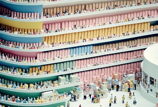 Pastel creative concept of a huge supermarket, shopping center full of people and products on racks and shelves. Illustration. Generative AI.