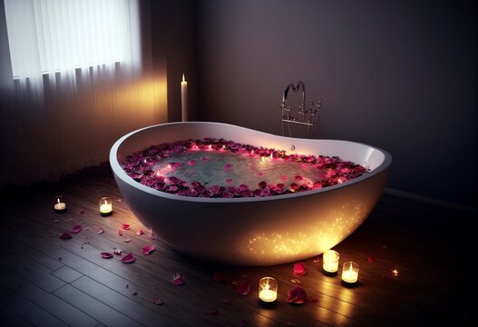 illustration, bathtub with rose petals and candles, Valentine's Day, image generated by AI
