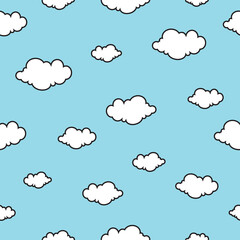 Vector Outline Style Clouds Seamless Pattern on Blue  Background. Clouds collection.. Clouds Set in Hand Drawn Vintage Retro Style Cartoon Clouds design elements. Engraving Style illustrations.