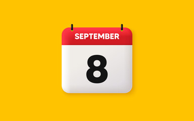 Calendar date 3d icon. 8th day of the month icon. Event schedule date. Meeting appointment time. Agenda plan, September month schedule 3d calendar and Time planner. 8th day day reminder. Vector