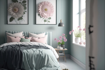 Large white bedroom with a comfortable bed by the window, modern interior style design. 3D rendering of the apartment. Illustration. Generative AI.