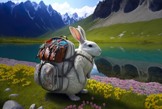 Lustiger Osterhase bringt die Ostereier im Rucksack mit. Eier sammeln zum Osterfest - KI generiert 