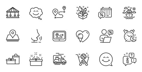 Outline set of Present box, Discounts calendar and Journey line icons for web application. Talk, information, delivery truck outline icon. Include Ice cream, Creativity, Smile chat icons. Vector