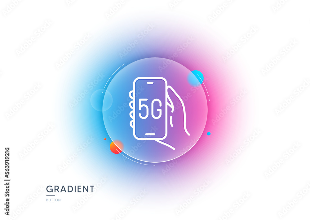 Poster 5g internet app line icon. gradient blur button with glassmorphism. hand hold phone sign. cellphone 