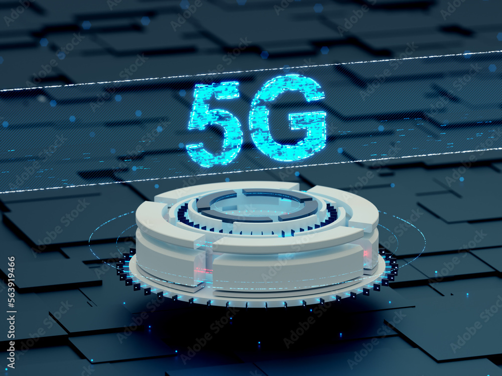 Poster 5g connectivity, futuristic 3d circular structure with blue text hologram glowing above