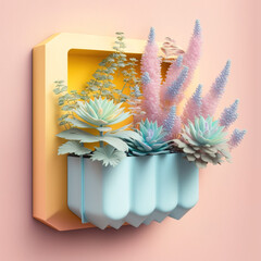 Soft pastel Spring background with fresh, blossom flowers and leaves in a square pot with a colorful flower arrangement. Illustration. Generative AI.