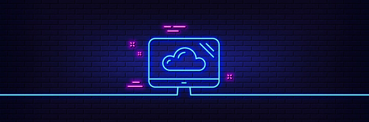Neon light glow effect. Computer line icon. Cloud storage service sign. Monitor symbol. 3d line neon glow icon. Brick wall banner. Cloud storage outline. Vector