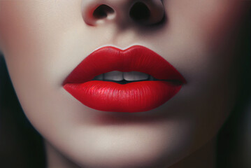 Close up of lips with red lipstick. Beautiful woman face make up, fashion. AI generative