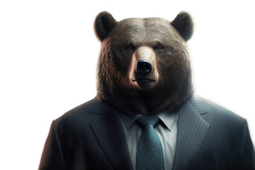 A portrait of a grizzly bear dressed in a suit like trader transparent background, finance bear market concept, generative ai - obrazy, fototapety, plakaty