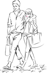 Lineart_Pärchen Shopping Spaziergang