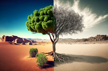 Klimaschutz Illustration - Baum mit Umweltschutz vs ohne - Baum im Klimawandel - KI generiert