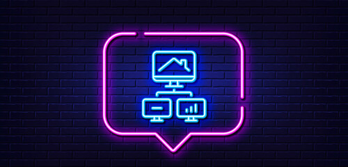Neon light speech bubble. Work at home line icon. Outsource job sign. Remote office symbol. Neon light background. Work home glow line. Brick wall banner. Vector