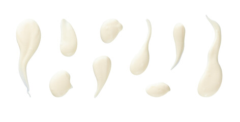 Set of white drops and splashes of mayonnaise or cream sauce isolated on white background. With clipping path. Full depth of field. Focus stacking. PNG 