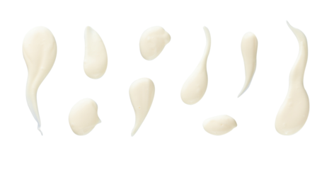 Set of white drops and splashes of mayonnaise or cream sauce isolated on white background. With clipping path. Full depth of field. Focus stacking. PNG 