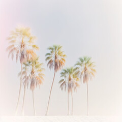 Soft pastel Summer background with fresh, palm leaves and trees in mist, smoke and Spring dew. Fog illustration. Generative AI.