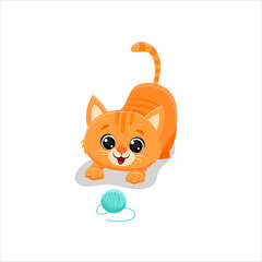 cute cartoon kitten playing with a ball of thread.Ginger cat isolated on white background.