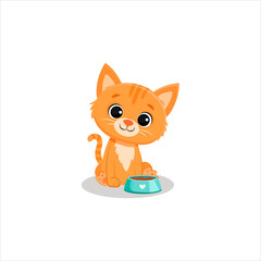 cute cartoon ginger kitten sitting near a bowl of food.Cat isolated on white background.