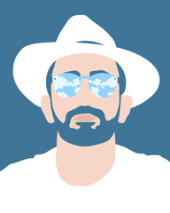A bearded man is wearing sunglasses and a white hat.